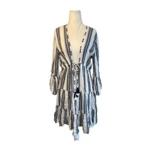 Blue Island Striped Beach Dress Cover-Up White Navy Blue Knit Bell Sleeve Front